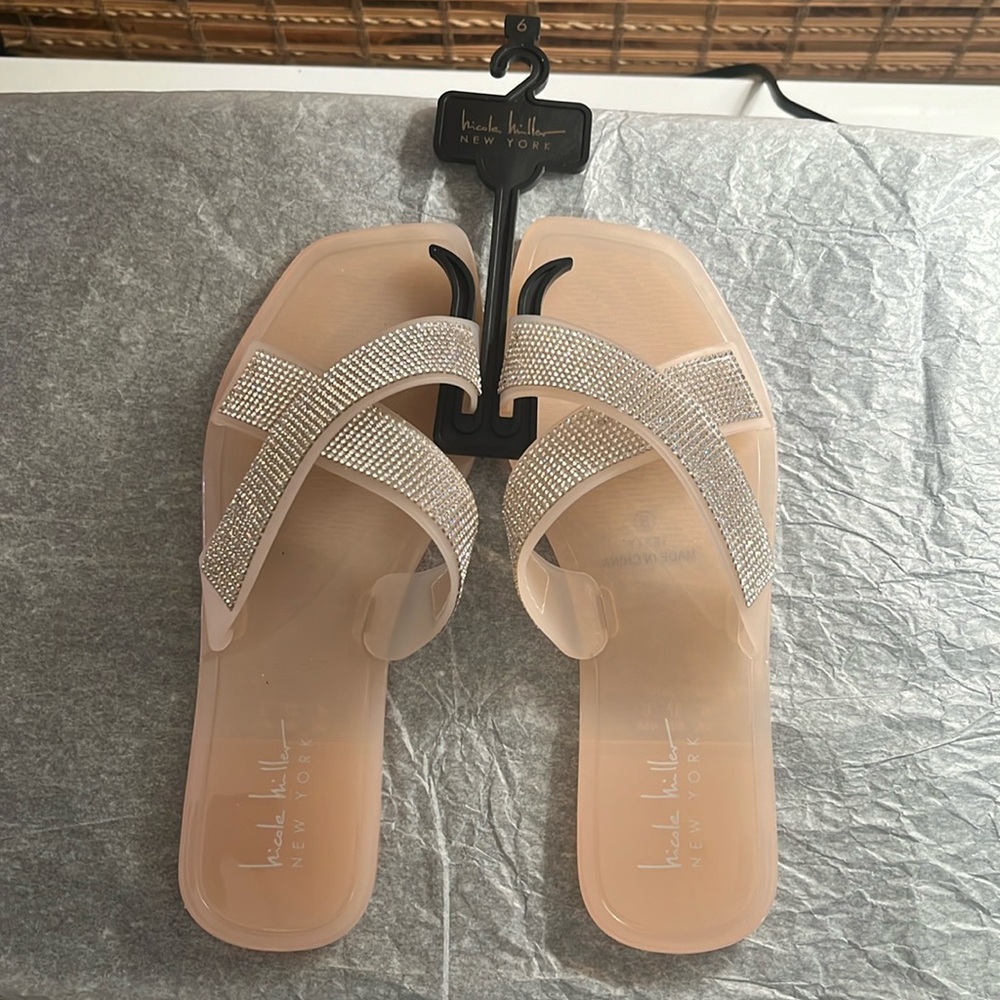 NWT Nicole Miller Blush Rhinestone Jelly Slude, Sz 6